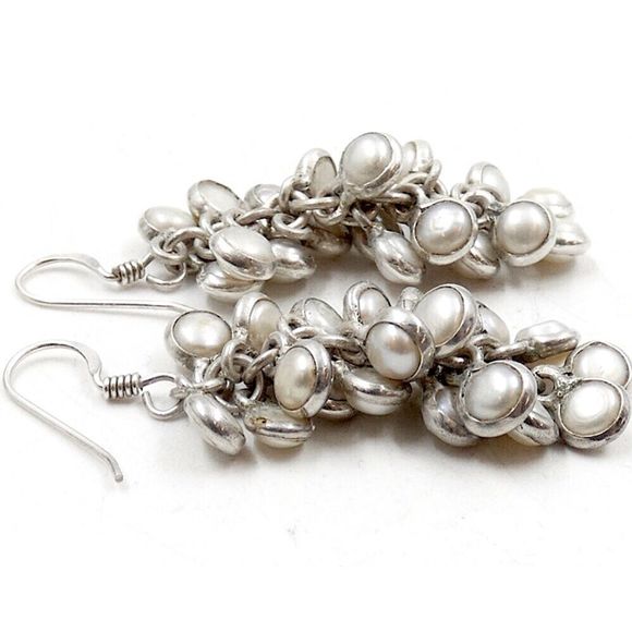 Vintage Sterling Silver Pearl Drop Dangle Cluster Earrings - Picture 2 of 4